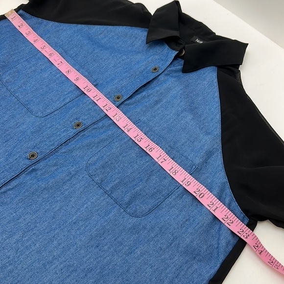 Nollie Contrast Chambray Denim Front Sheer Back Button Front Shirt Top L… - Picture 6 of 14